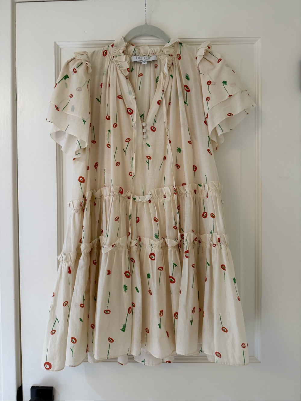 HUNTER BELL Cream Tiered Floral Mini Dress with Red & Green Print